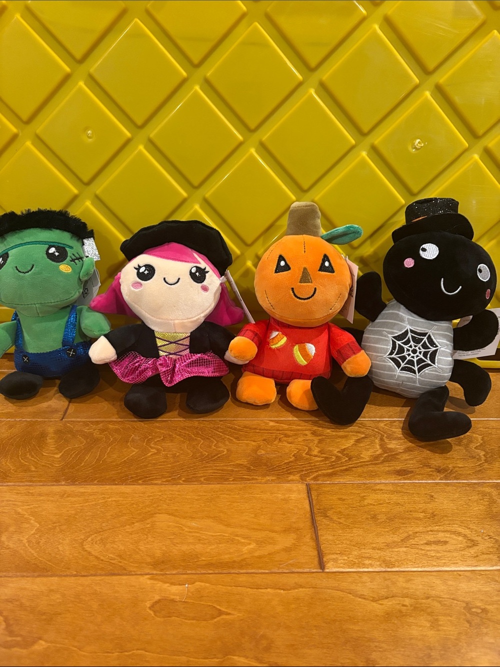 Plush Halloween Characters- Pumpkin, witch, spider & Frankenstein